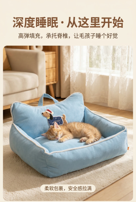 轻奢温馨风暖色调，展示浅蓝色款宠物窝（严格还原上传产品图的包装设计、颜色、LOGO位置、文字内容、图案元素等所有细节，产品比例1:1协调），小猫或小狗在窝里熟睡，阳光透过纱帘洒在窝上，营造静谧舒适感。预览效果