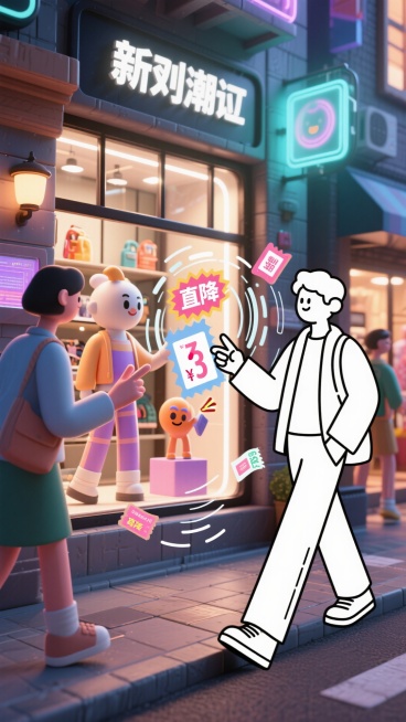 在虚实交织街道，消费者以简约黑白线条现实身影前行，目光所及橱窗被 AR 点亮，立体商品 3D 模型跳动 “直降” 价格，互动优惠券环绕，其指尖触碰橱窗，数据涟漪荡开，呈现线上优惠与线下体验融合的未来感预览效果