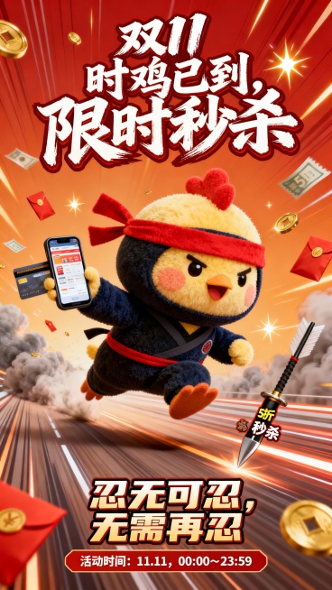 3D Q版毛绒风，一只毛绒绒胖乎乎的小鸡，化身忍者造型，身穿黑色或深蓝忍者服，系红色头带，手持手机或信用卡，手机屏幕上显示网购页面，表情专注而兴奋，正在高速冲刺或跃起，画面充满动感和节奏感，背景带有速预览效果