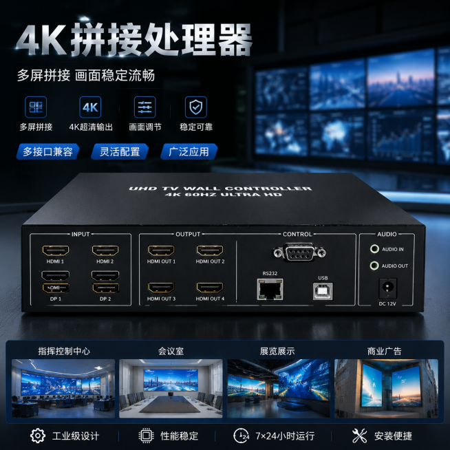 4K拼接处理器，展示多接口控制卖点，商显工程风，适配爱采购平台，特写接口区域，工业科技风格，专业商务预览效果