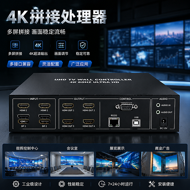 4K拼接处理器，展示多接口控制卖点，商显工程风，适配爱采购平台，特写接口区域，工业科技风格，专业商务