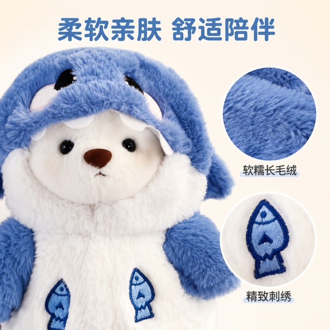 「图片1」，生成一套主图（5张），商品名称是鲨鱼变装熊，卖点是双重萌化，可脱卸变装外套，安抚+陪伴，拍照道具，风格是萌系变装 / 动物COSPLAY适配抖音平台，主图比例为1:1预览效果