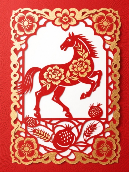 主体是红色奔马（搭配牡丹花纹），传统宝相花边框，四角装饰石榴、麦穗等吉祥元素，融入烫金质感细节，喜庆感，背景为有纹理的正红色预览效果