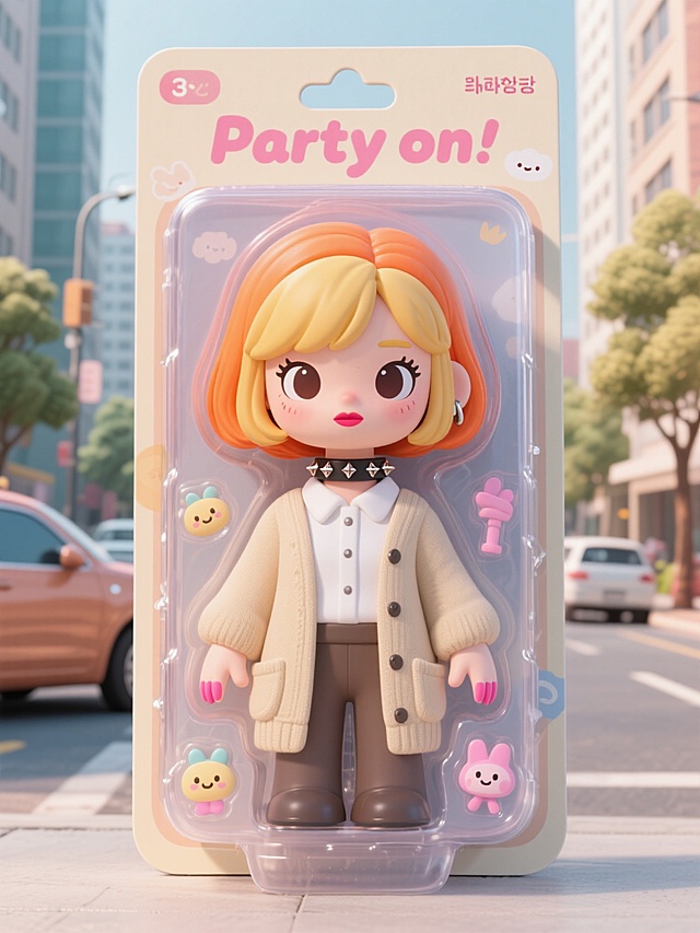 盒子上部有文字“Party on” 可爱的女孩玩偶，韩式插画