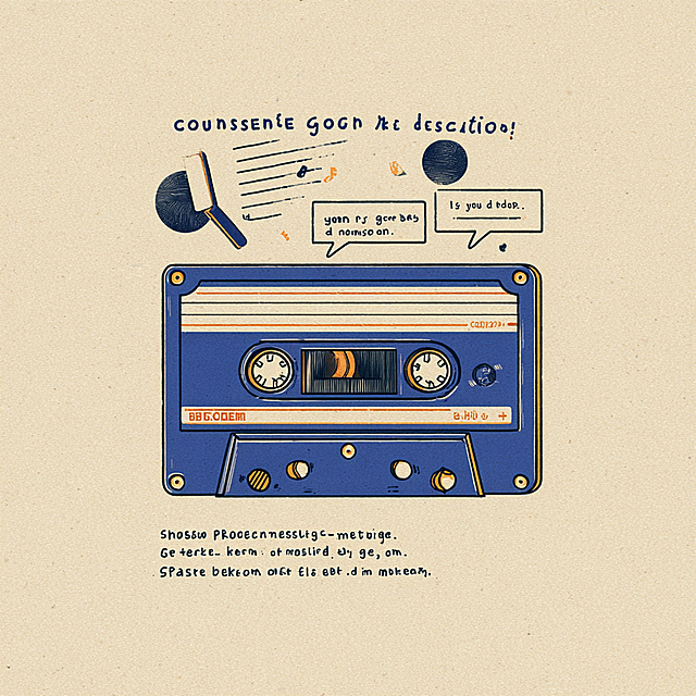 Style: Warm vintage hand-drawn illustration for graduation concert, soft cream-beige base, university brand blue as main accent, vinyl record motif as narrative spine, clean modular layout, no excessive textures, nostalgic but bright. Keeping consistent color palette: primary (#0B3B6C), gold accent (#D4AF37), cream-white base (#FDF7F0). A retro cassette tape in a cream-beige background, open notepad beside it with handwritten line "press record, leave your graduation message". 3 small speech bubbles containing "Song request...", "别 forget me", "别 stop the music". Brand blue and gold trim accents. Flat illustration.
