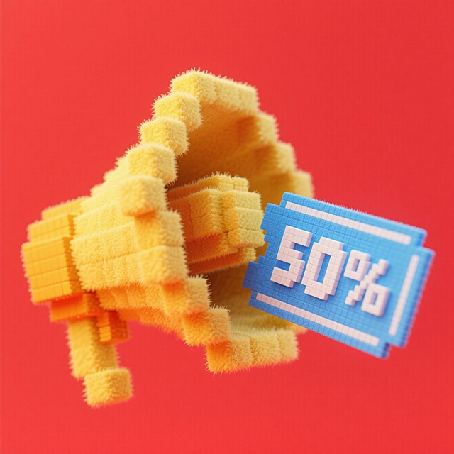 一个黄色大喇叭+喇叭口喷出一张蓝色“50%”优惠券，红色背景