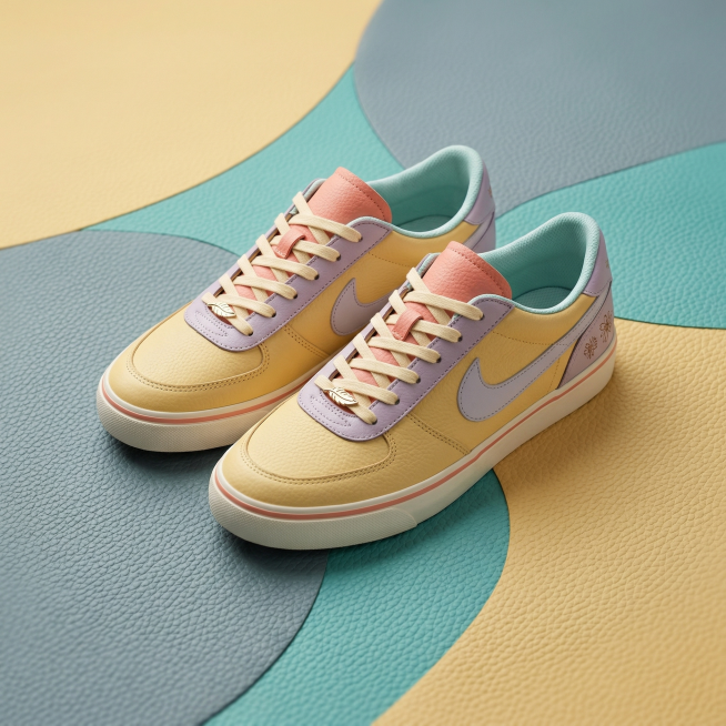 参考图中的皮革纹路材质，生成一双女性板鞋，将鞋子放置在和参考图相同纹路的皮革上方，整体色调偏女性化风格，鞋子和整体环境风格和谐统一，图片比例1:1预览效果