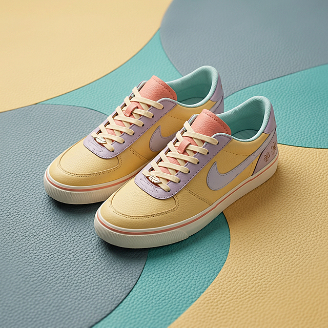 参考图中的皮革纹路材质，生成一双女性板鞋，将鞋子放置在和参考图相同纹路的皮革上方，整体色调偏女性化风格，鞋子和整体环境风格和谐统一，图片比例1:1