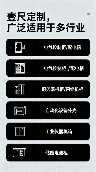 电商详情页板块，标题"壹尺定制，广泛适用于多行业"，列举五个应用场景：⚡ 电气控制柜 / 配电箱💻 服务器机柜 / 网络机柜🤖 自动化设备外壳🏭 工业仪器机箱🔋 储能电池柜，干净商务工业设计风预览效果