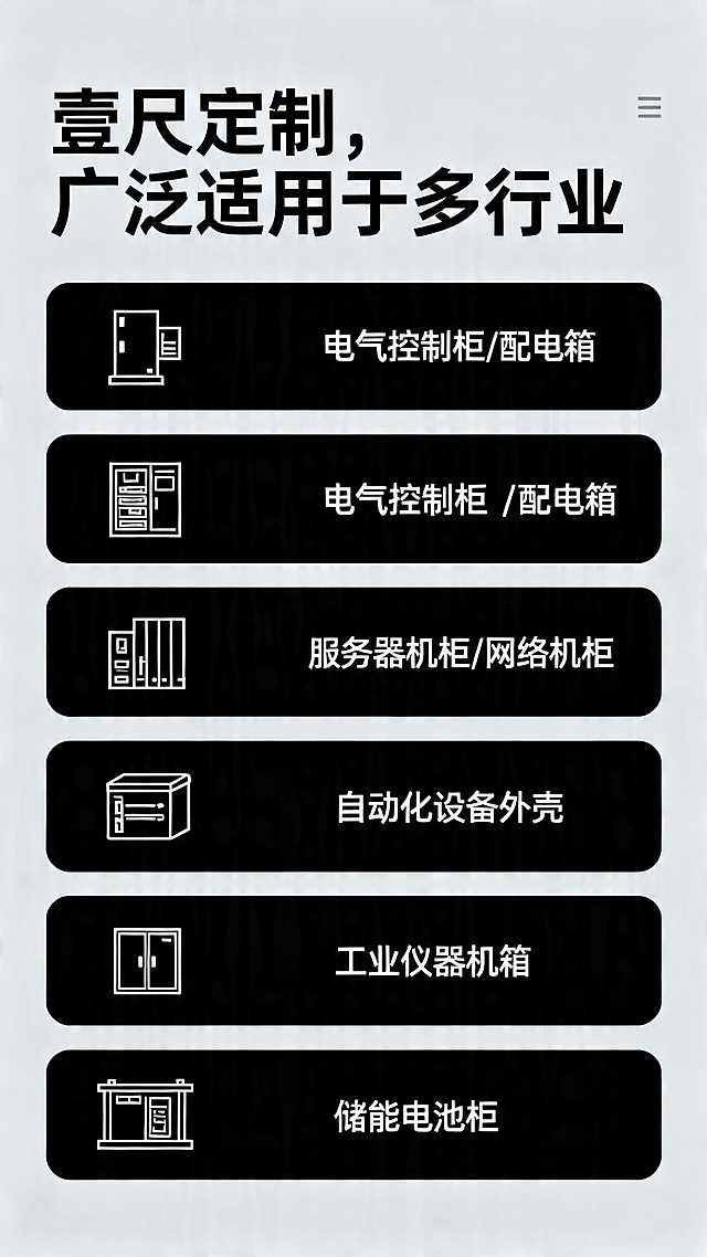 电商详情页板块，标题"壹尺定制，广泛适用于多行业"，列举五个应用场景：⚡ 电气控制柜 / 配电箱💻 服务器机柜 / 网络机柜🤖 自动化设备外壳🏭 工业仪器机箱🔋 储能电池柜，干净商务工业设计风格，清晰展示应用领域