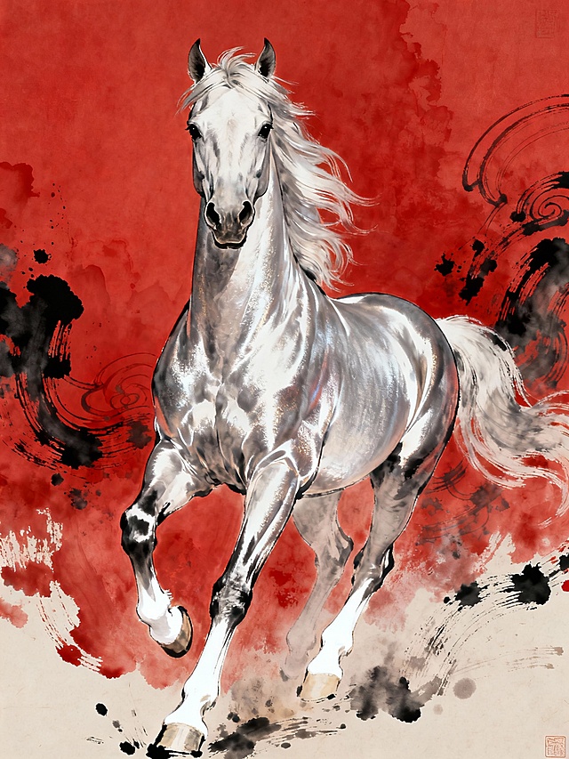 国潮风插画，融合工笔与水墨技法，白骏奔腾于红墨交织的背景，光影与体积感突出，尽显中式古典韵味与民族气魄。