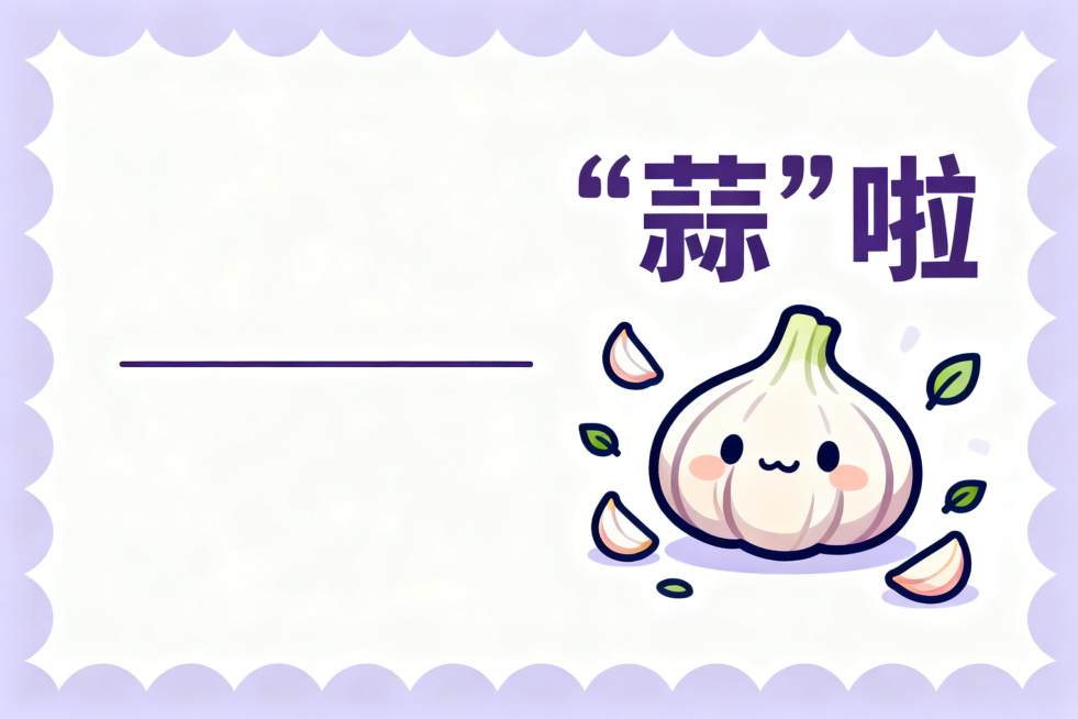 清新可爱风格插画，画面右侧是卡通大蒜形象，标注较大的文字“‘蒜’啦”，周围搭配小蒜瓣、小叶片花边装饰，画面左侧留空白区域并画一条横线，无其他形象，浅紫淡白配色预览效果
