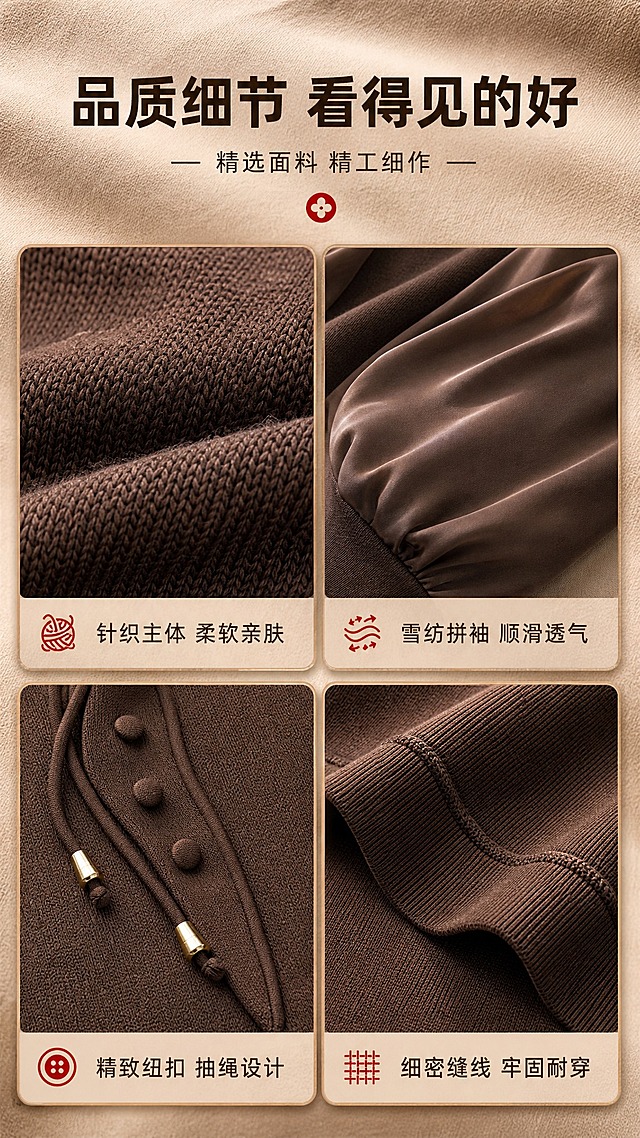 [商品] 使用【图1】棕色不规则翻领拼接长袖针织衫做面料细节展示；商品处理：保留针织纹理、雪纺袖材质、纽扣质感、抽绳金属头、缝线、罗纹纹理和棕色；放大局部细节，增强织纹清晰度和雪纺光泽感，不改变材质属性。
[画面] 目标：面料工艺细节页，2x2宫格展示四大细节。构图：竖版9:16，上方标题区，下方2行2列宫格，分别展示：左上=针织面料微距纹理、右上=雪纺拼接袖光泽质感、左下=纽扣+抽绳五金细节、右下=罗纹下摆缝线工艺。每格配小标题。背景：暖棕色系，浅棕色布料质感背景，每格有细微阴影增加层次。
[视觉] 套系策略：风格=拼多多接地气高级感商业摄影；标题字=粗黑体醒目大字；正文字=清晰无衬线体；主色=深棕色；背景延展=基于棕色做深浅渐变、同色系层次和布料/织纹质感；强调色=大红色，仅用于小图标和重点高亮；标题色=深棕色；正文色=深褐色；组件=方形宫格边框、小图标、分隔线；光影=侧光突出面料纹理质感。
[文字] 主标题"品质细节 看得见的好"（顶部居中，棕色粗体）；副标题"精选面料 精工细作"（主标题下方）；4个宫格各配文字：左上"针织主体 柔软亲肤"、右上"雪纺拼袖 顺滑透气"、左下"精致纽扣 抽绳设计"、右下"细密缝线 牢固耐穿"。文字全部横排，每格文字在图片下方或角落，不遮挡细节。
[规格] 图片比例9:16竖版，4K，避免变形、错字、文字过小、冷蓝色调、面料质感失真、拼多多logo/水印。