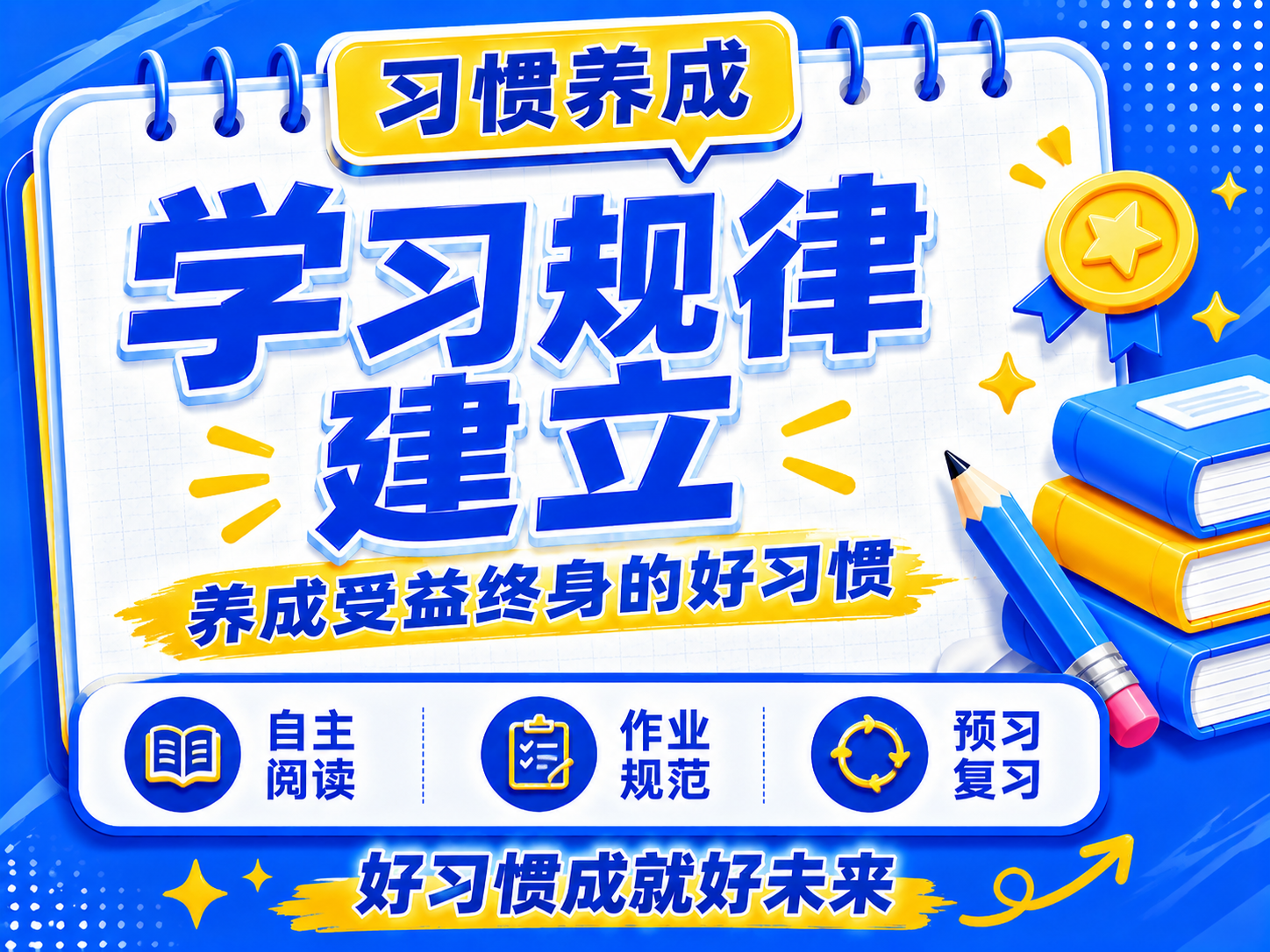 3D卡通风格开学季推广海报，蓝黄配色，参考示例图风格。画面主体… - 图片创意预览