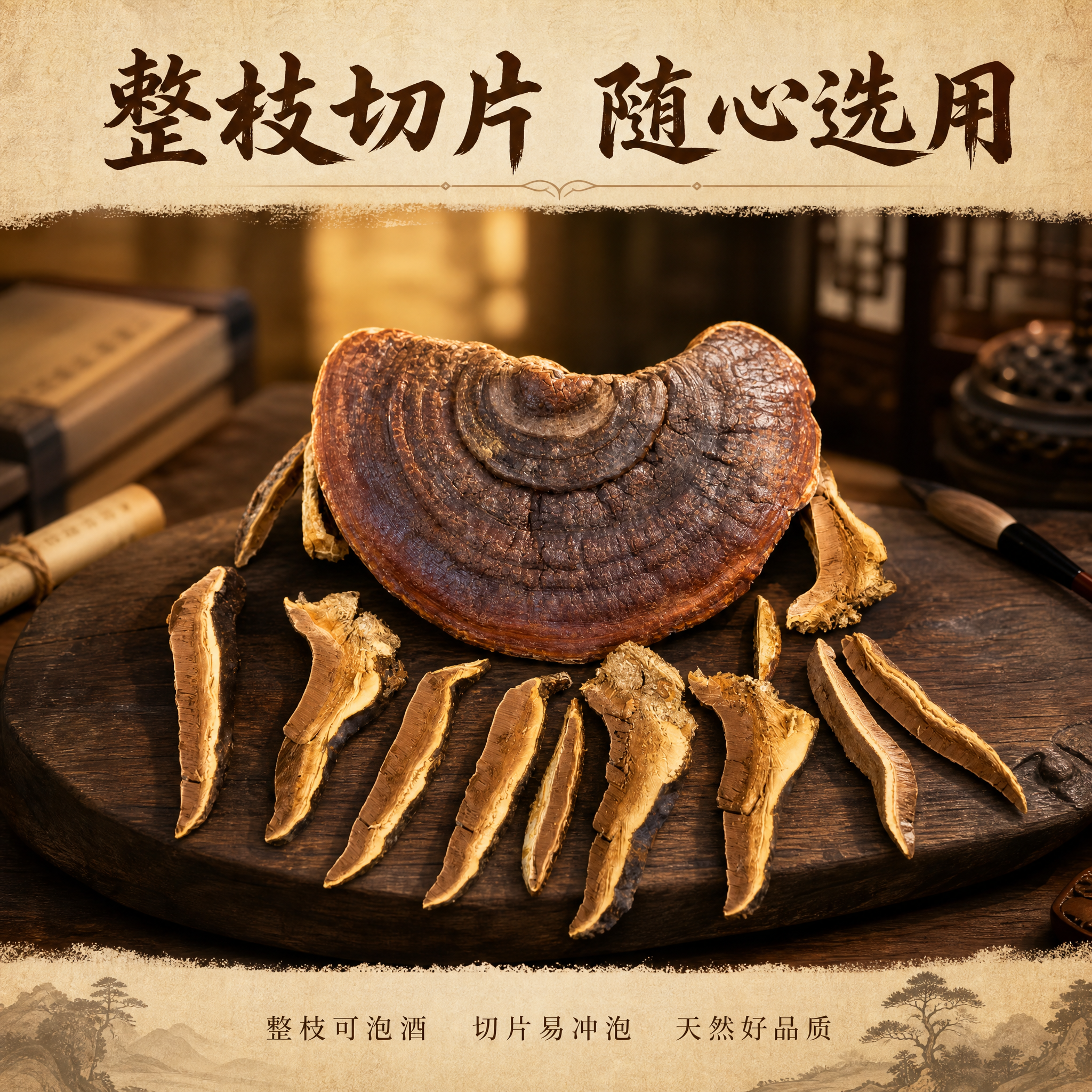 [主图-4] 主题：整枝灵芝与切片组合展示，呈现整枝与切片两种… - 图片创意预览