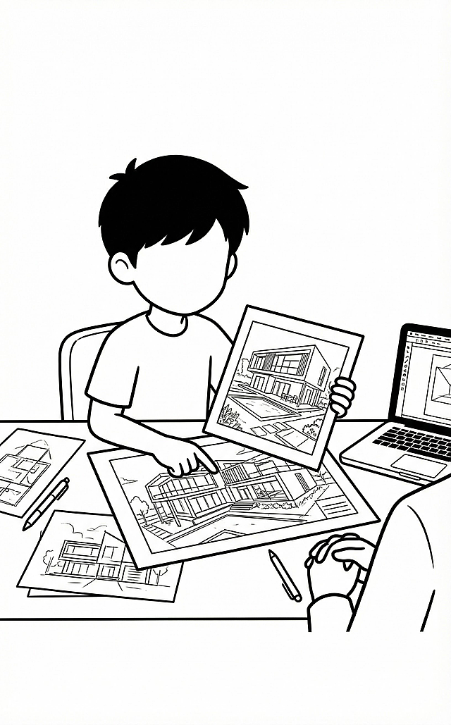 图中人物给客户出具效果图，白色底，高清晰