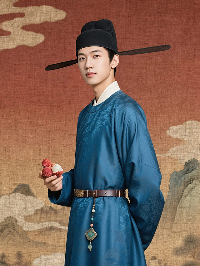 人物身穿唐代蓝色圆领袍，头戴黑色幞头，腰系革带配挂饰，手持荔枝相关物件；画面风格：古风影视海报质感，暖棕红渐变背景，融入山水云纹，色调古朴典雅，有传统工笔渲染韵味；细节强调：服饰纹理（丝绸暗纹）