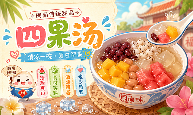 闽南四果汤，9*5.4厘米横版长方形海报，可爱风格，展示解暑甜品四果汤美食