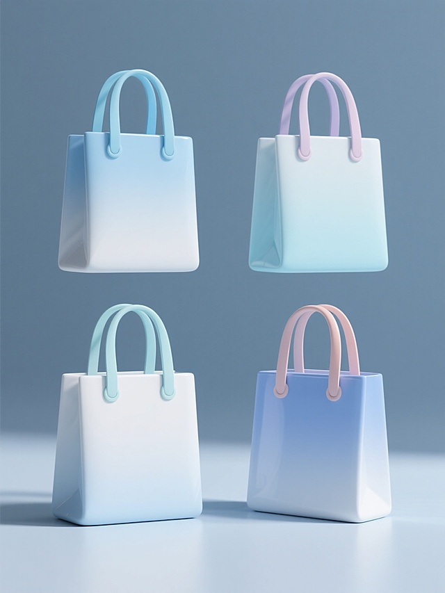 简约现代风格的3D渲染图像，画面中四个不同设计的购物袋呈规整网格状排布，每个购物袋保持圆润边角和光滑塑料质感，采用类似原图的马卡龙色系渐变配色，主色调为柔和的蓝白色系，搭配不同深浅的辅助色彩，所有购物袋均有双提手设计且提手颜色与袋身形成和谐对比，统一的侧光光源从左上方照射，形成轻微的立体阴影增强层次感，纯色背景干净简洁，无任何文字、logo、水印或装饰元素，整体造型极简、视觉层级清晰，信息传达直接，符合现代电商或时尚品牌的产品展示设计感。
