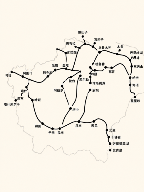 修改图片：将图片比例调整为3:4，把背景改成米白色，把图中所有的路线线条颜色改为黑色，删除图中左上角蓝色区域的文字“途经景观大道”，删除图中每条公路名称和站点名称以外所有文字，保持地图中各个地点站点标预览效果