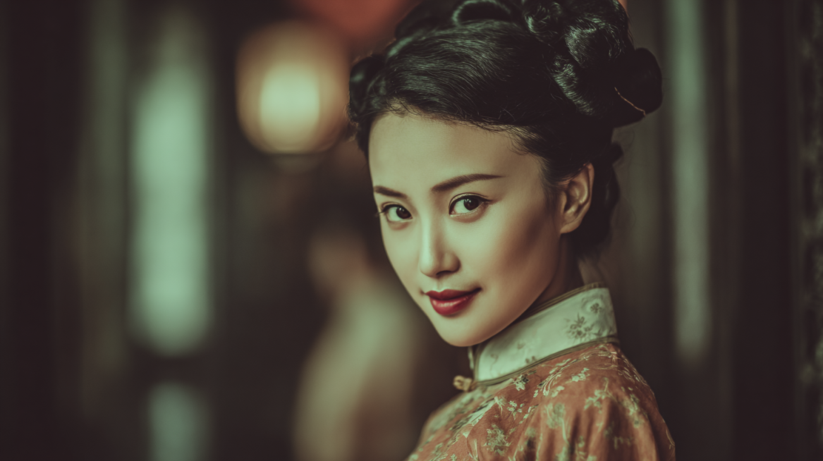 Real film photo of a graceful and gentle ancient Chinese lady, wearing a gorgeous thin shirt, with a预览效果