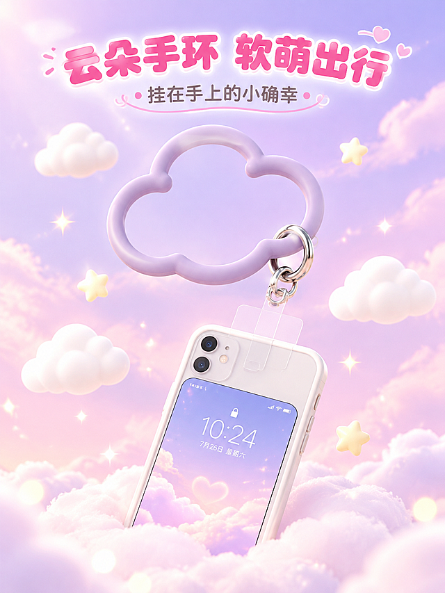 [详情页-1] 氛围头图，建立软萌治愈的第一印象。
[商品] 使用【图1】硅胶云朵手机手环；保留云朵圆环造型、银色金属挂扣、透明手机贴片、9色马卡龙色系和柔软硅胶材质；产品结构比例与原图一致，增强硅胶Q弹质感和金属挂扣光泽。
[画面] 页面目标：营造云朵般软萌治愈的少女感氛围。构图：居中偏上展示一个淡紫色云朵手环悬浮在空中，周围环绕多朵立体白色小云朵和星星光斑，手环下方有一部白色手机通过透明贴片连接，手机屏幕微微发光。背景为粉紫渐变天空，底部有蓬松的云朵平台承托，整体梦幻漂浮感。主体占画面55%，景别为中景带环境。阅读动线：从上至下，先被梦幻氛围吸引，再落到产品。前景点缀光斑，中景产品主体，远景渐变天空。
[视觉] 套系策略：风格=清新甜美马卡龙少女风；标题字=圆润粗黑体；正文字=圆角无衬线体；主色=马卡龙粉紫；背景延展=基于粉紫做渐变层次、云朵质感、光斑点缀；强调色=奶白色，用于小面积图标、引线和装饰；标题色=深粉色；正文色=暖灰色；组件=圆角信息卡、圆点装饰、曲线分割线；光影=柔和顶光+漫反射，整体明亮通透。
[文字] 画面上方主标题"云朵手环 软萌出行"，圆润粗体深粉色大字；主标题下方副标题"挂在手上的小确幸"，暖灰色中号字体；文字放在上方负空间，不遮挡产品主体。
[规格] 图片比例3:4竖版，4K，避免变形、错字、文字过小、冷蓝/冷灰背景、产品结构改变、硅胶材质失真。