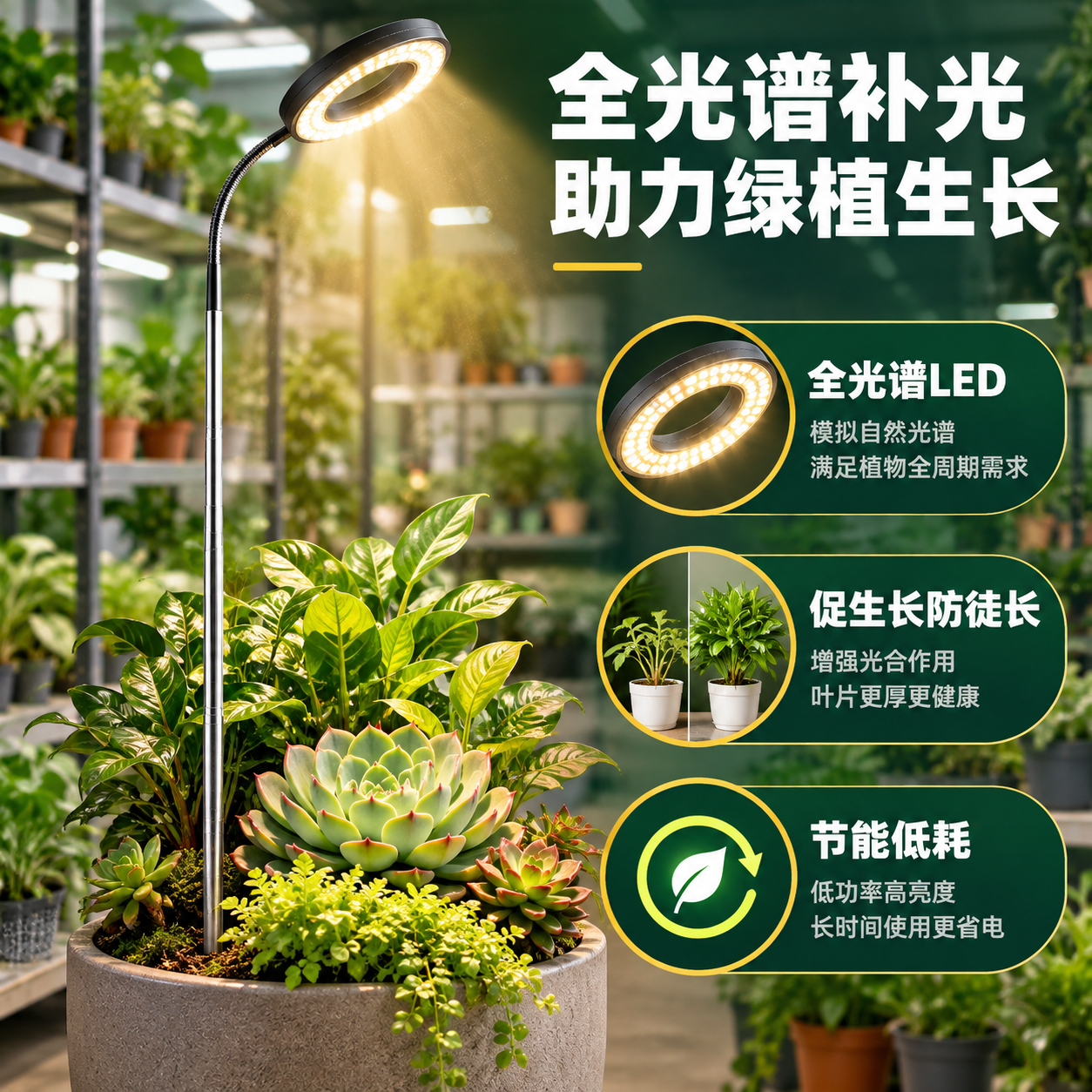[主图-2] 盆栽地插植物补光灯 核心卖点信息图 全光谱补光效… - 图片创意预览