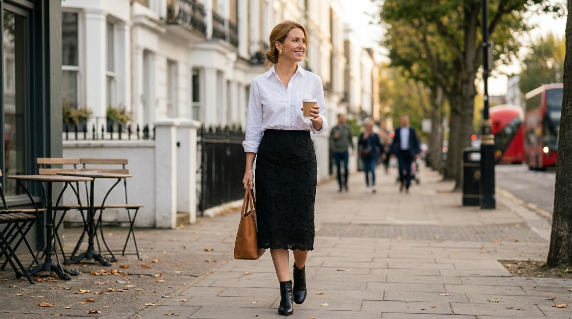 欧美女性日常街景中穿着干净白衬衫搭配这张图的黑色蕾丝中长半身裙，保持裙子的蕾丝纹理和版型特征不变，超清画质，自然真实的日常生活氛围预览效果