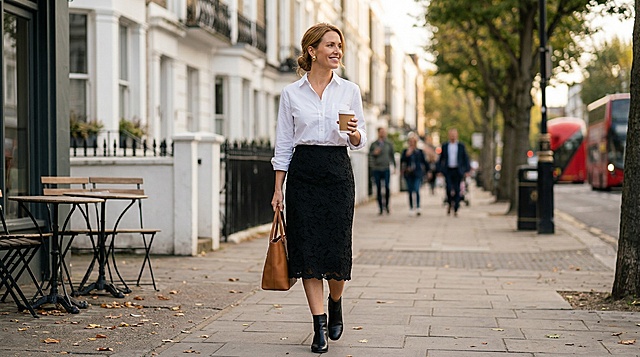 欧美女性日常街景中穿着干净白衬衫搭配这张图的黑色蕾丝中长半身裙，保持裙子的蕾丝纹理和版型特征不变，超清画质，自然真实的日常生活氛围