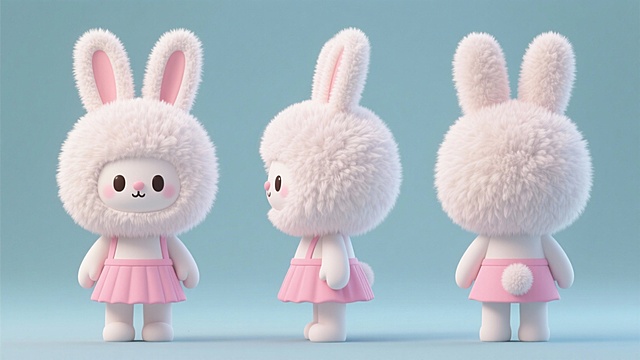 卡通潮玩，可爱长耳兔拟人，巨大的头，粉色的裙子，毛茸茸可爱，纯色背景
