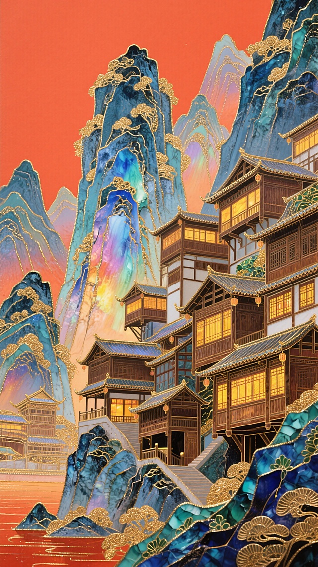 山脉+洪崖洞，橙红色背景