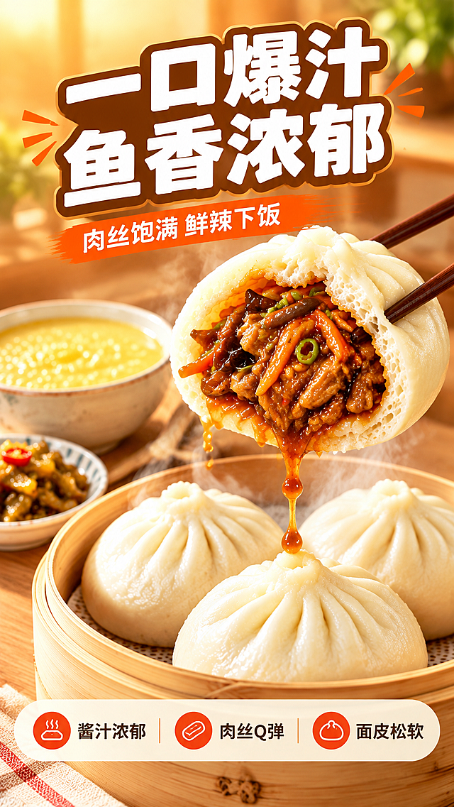 [商品] 使用【图3】沙士比鱼香肉丝包；保留包子外形、掰开的内馅、筷子夹起的动态、酱汁滴落效果；商品处理：增强酱汁浓稠拉丝感、肉丝纹理、面皮松软质感，不改变产品结构和夹取动作。
[画面] 目标为口感质地特写，动作瞬间型，筷子夹起半个包子位于画面中上部，酱汁从内馅缓缓滴落形成拉丝，下方蒸笼里放3只完整包子冒着热气，左侧配一碗小米粥和小碟咸菜，前景酱汁滴落动态清晰，占画面核心视觉，突出爆汁流心口感。
[视觉] 套系策略：风格=暖调食欲感家常烟火气商业摄影；标题字=粗黑体厚重圆润字；正文字=简洁无衬线体；主色=橙红色；背景延展=基于橙红做深浅渐变、暖黄光晕、木质餐桌纹理；强调色=深棕红，仅用于小面积图标和标签；标题色=白色+深棕描边；正文色=深棕；组件=圆角白底信息卡、橙红色图标；光影=侧上方暖柔光，突出酱汁高光反光和蒸汽逆光。
[文字] 顶部大标题「一口爆汁 鱼香浓郁」粗白字深棕描边；副标题「肉丝饱满 鲜辣下饭」；底部3个圆形图标卖点：「酱汁浓郁」「肉丝Q弹」「面皮松软」；所有文字横排，不遮挡筷子夹包子和酱汁滴落的核心动态。
[规格] 图片比例9:16竖版，4K分辨率，medium质量，避免变形、错字、文字过小、冷蓝背景、酱汁失真、极限词。