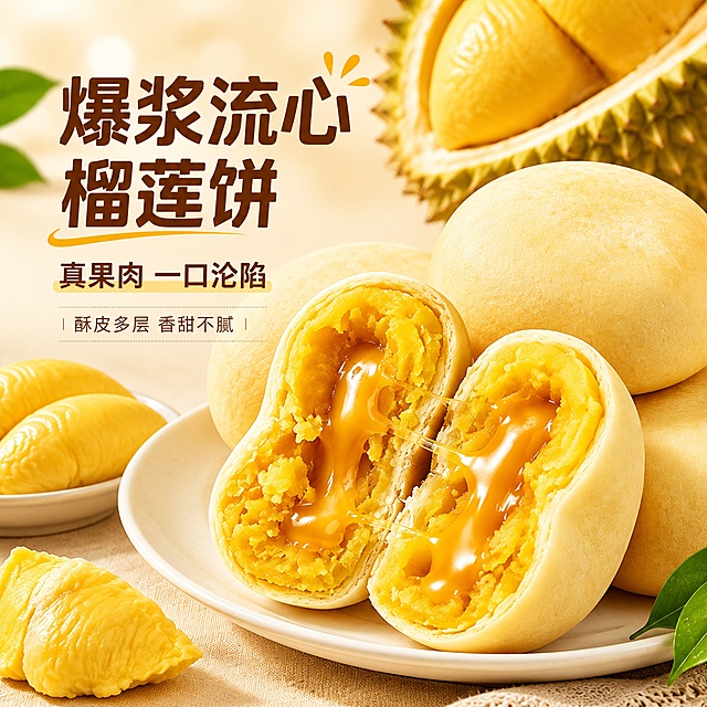 电商主图首图，流心榴莲饼爆浆诱惑场景。画面右侧主体为白瓷盘上堆叠的榴莲饼，其中一枚被掰开，金黄流心内馅缓缓拉出丝，流心光泽透亮浓稠，周围散落完整榴莲饼与新鲜榴莲果肉块，背景为暖米色高级餐桌场景，左上角露出半颗带壳榴莲与绿叶点缀，营造自然暖阳逆光的食欲氛围。画面左上负空间放置文字，主标题大字粗体写“爆浆流心榴莲饼”，下方辅助小字写“真果肉 一口沦陷”，再下方更小字写“酥皮多层 香甜不腻”。文字均为深金棕色现代无衬线字体，左对齐，不遮挡产品主体。保持榴莲饼外观（即物理结构、材质质感、颜色）与输入产品图绝对一致，杜绝任何变形和色差，精细化处理。商品主体占比约70%，画面满屏无边框。自然暖阳侧逆光，食物表面有通透高光，流心部分有晶莹反光，阴影柔和，整体暖金调，高级美食商业摄影质感。1:1正方形构图，文字清晰锐利，超高清。负向：变形，文字错乱，产品模糊，背景杂乱，水印，电商平台Logo，绝对化违禁词。