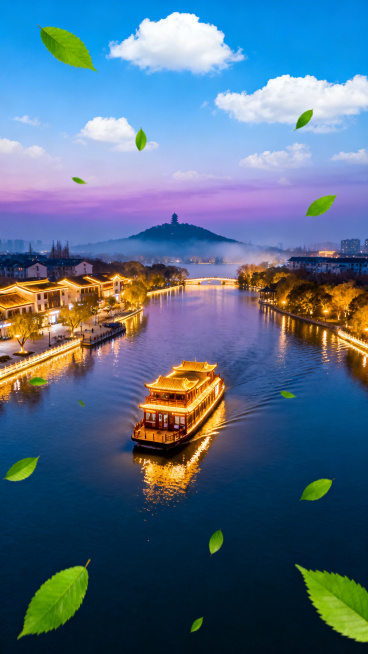 俯视图夜景，灯火通明的南通濠河，河中游船为主体，远景狼山朦胧可见，蓝天白云春意浓，河面飘着鲜绿叶片，氛围唯美治愈预览效果