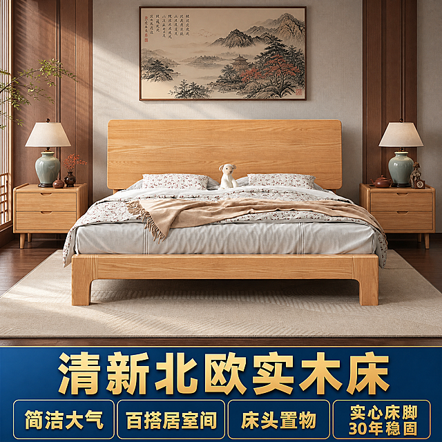 [主图-1] 清新北欧实木床国潮新中式卧室场景首图。
[氛围风格] 国潮新中式装修风格，温馨居家生活感，沉稳大气传统意境
[画质] 商业摄影质感、光线柔和通透、产品清晰真实、画面干净高级。
[元素] 原木色清新北欧实木床正面居中摆放，保持床正面角度和大小与原图一致，保持实木床外观（物理结构、材质质感、浅原木颜色）与输入产品图绝对一致，杜绝任何变形和色差，精细化处理。背景换成国潮新中式风格卧室，墙面采用浅灰色禅意壁布，地面铺酸枝木实木地板，搭配新中式山水装饰画，两侧对称摆放新中式实木床头柜，放置青瓷台灯和紫砂禅意摆件，软装搭配丰富自然，商品主体占比严格控制在65%左右，画面满屏无边框。
[光影] 上午柔和自然光从侧面进来，暖调，光线层次分明，实木纹理呈现自然温润光泽，光影通透不灰蒙，高光不溢，暗部有层次。
[配色] 主色调为原木浅黄+国潮红木深棕+禅意灰，传统雅致配色。
[视角构图] 正面平视，全景展示，床为视觉中心，前后景分层，景深适中，产品完整不裁切。
[文字版式] 图片底部放置蓝底金字通栏卖点文案：大字标题“清新北欧实木床”，下方分四列展示卖点：“简洁大气 百搭居室间 床头置物 实心床脚 30年稳固”，文字清晰易读，对比强烈，无遮挡主体，蓝底金字，符合拼多多大字直白风格。
[比例分辨率] 1:1 比例，2048px分辨率，文字清晰锐利，画面超高清。
[负向提示词] 变形，水印，文字错乱，产品图模糊，背景杂乱，遮挡床主体