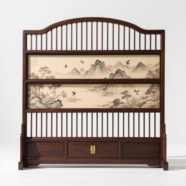 一个大型的中式屏风，采用深棕色实木框架，整体呈三段式结构，顶部为弧形装饰，底部设有带抽屉的柜式底座，柜门上有金色金属拉手。屏风主体为镂空竖条纹格栅，内部镶嵌着精致的山水花鸟画图案，画面中远山近景层次分明，飞鸟点缀其间，整体风格古朴典雅，具有浓厚的中国传统韵味，放置在纯白色背景中，光线柔和，阴影清晰，展现出屏风的立体感和材质质感。预览效果