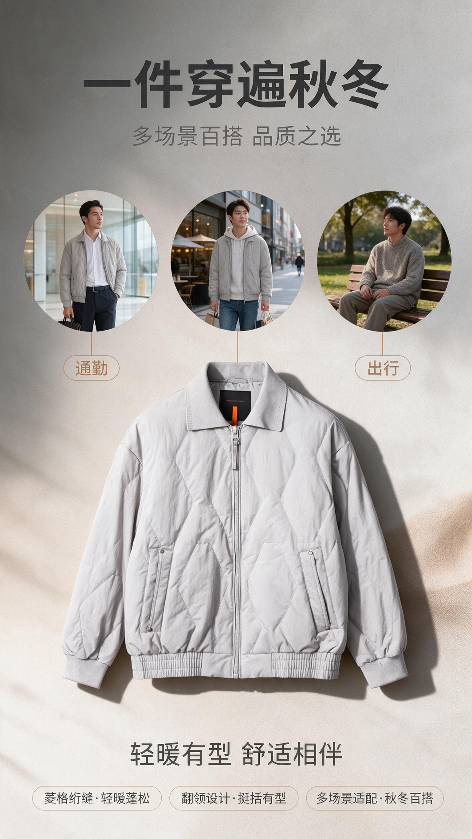 [商品] 使用【图1】男士浅灰色翻领菱格绗缝夹克棉服；商品处理… - 图片创意预览