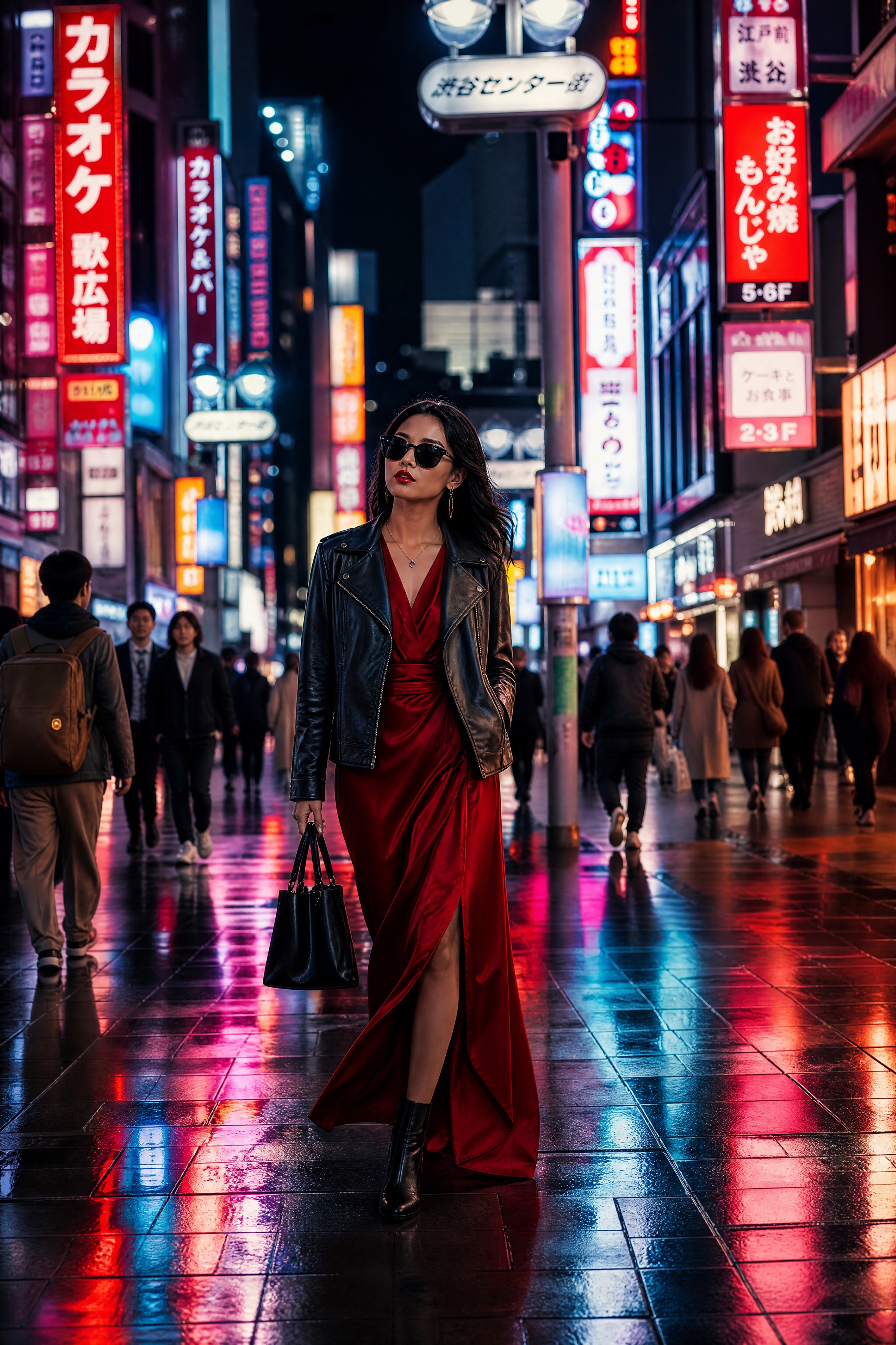 一位时尚的女士走在东京的街道上，街道充满了温暖的霓虹灯光和活泼… - 图片创意预览