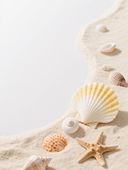 一张干净风格的贝壳与沙滩组合设计图，画面右侧约30%区域为细腻的浅米色沙滩，沙滩上自然散落着多种贝壳：大型的扇形贝壳带有淡黄色放射状条纹，小型的白色螺旋贝壳，橙色带斑点的扇贝，以及浅棕色的海星，贝壳表面光滑有光泽，沙滩纹理清晰可见；画面左侧约70%区域为纯白色空白空间，形成简洁的视觉对比，整体构图呈现自然的曲线边界，光线柔和均匀，营造出清新、简约、宁静的氛围，无任何文字或装饰元素。预览效果