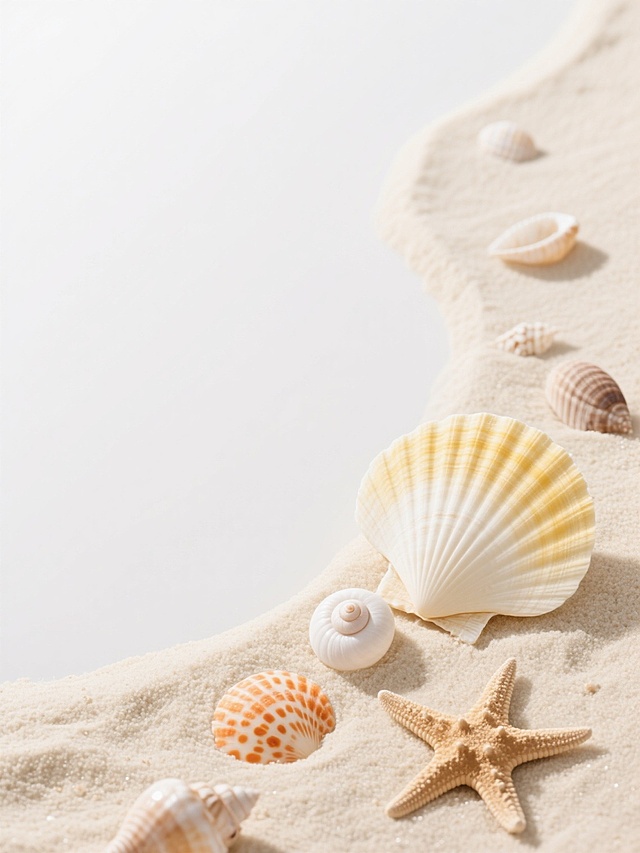 一张干净风格的贝壳与沙滩组合设计图，画面右侧约30%区域为细腻的浅米色沙滩，沙滩上自然散落着多种贝壳：大型的扇形贝壳带有淡黄色放射状条纹，小型的白色螺旋贝壳，橙色带斑点的扇贝，以及浅棕色的海星，贝壳表面光滑有光泽，沙滩纹理清晰可见；画面左侧约70%区域为纯白色空白空间，形成简洁的视觉对比，整体构图呈现自然的曲线边界，光线柔和均匀，营造出清新、简约、宁静的氛围，无任何文字或装饰元素。