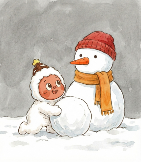 将图片的人物改成在堆雪人，雪人有橙色的鼻子，戴着红色的帽子，围着橙色的围巾。背景灰色背景预览效果