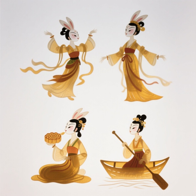 4个明亮的彩色拟人化玉兔版嫦娥素材（2X2规整排布），带有不同动作：1、跳舞，2、吃月饼，3、坐着，4、划船。纯白色背景预览效果