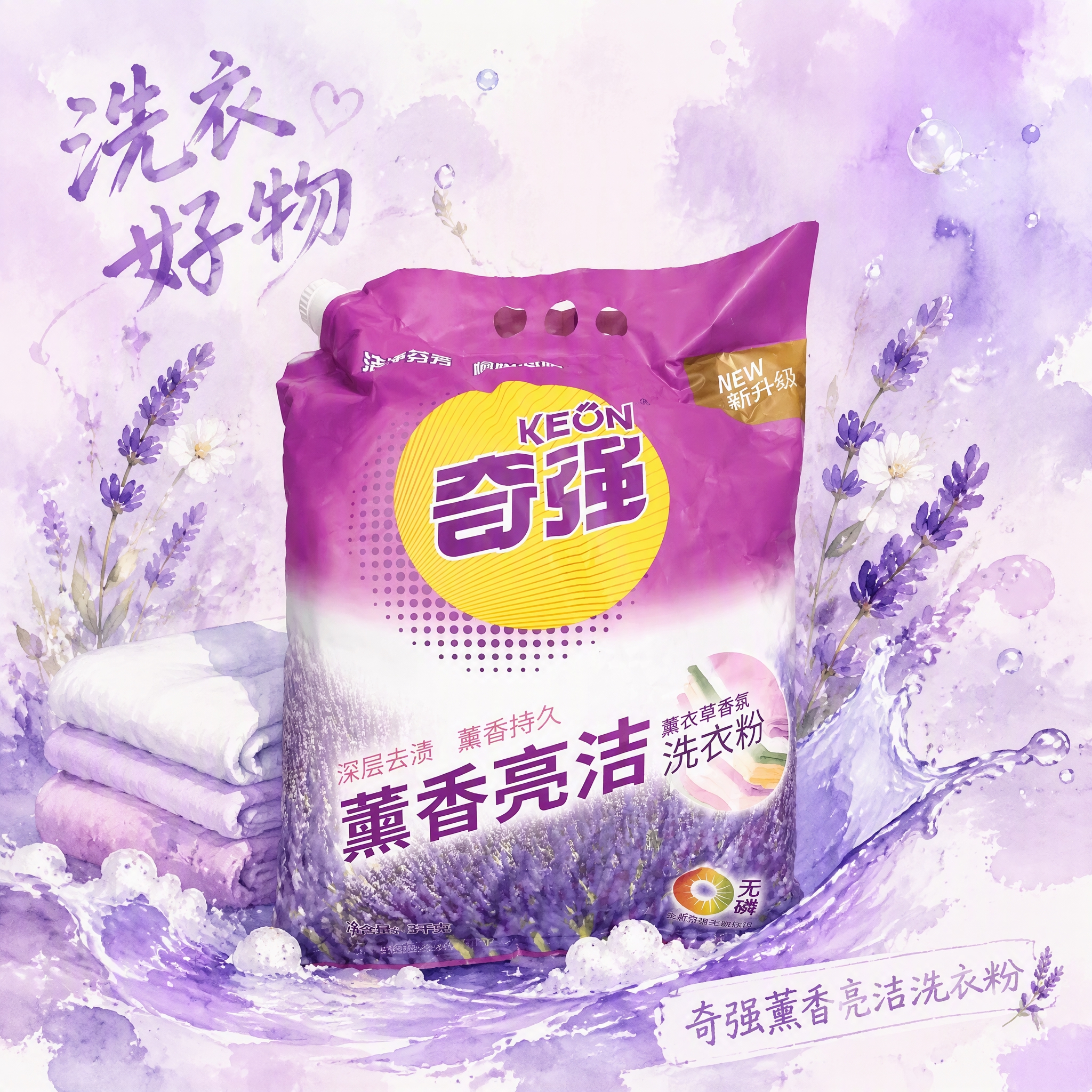 第4张 奇强薰香亮洁洗衣粉主图，清新水彩风，手绘感。使用图1作… - 图片创意预览