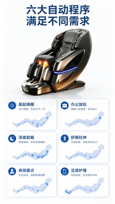 [第6屏] 功能模式拼图-6大自动按摩程序展示。本屏使用【图1】作为产品主体背景。
[氛围/风格] 卡片拼图设计，清晰分类展示，科技简约质感。
[元素布局] 上方放置完整产品图占屏约40%，下方分六格预览效果