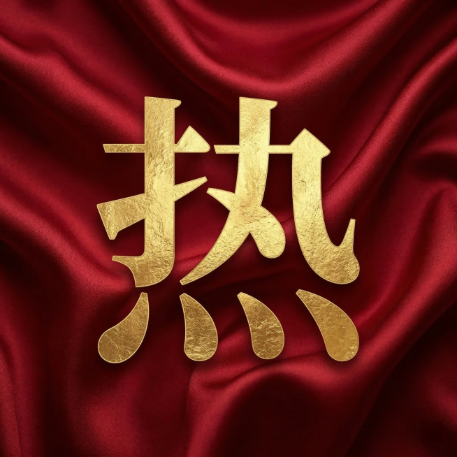 红色褶皱丝绸背景，金色大字"热"，单个大字居中放置，和参考图一样的风格，红色背景配金色文字预览效果