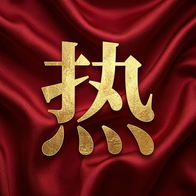 红色褶皱丝绸背景，金色大字"热"，单个大字居中放置，和参考图一样的风格，红色背景配金色文字