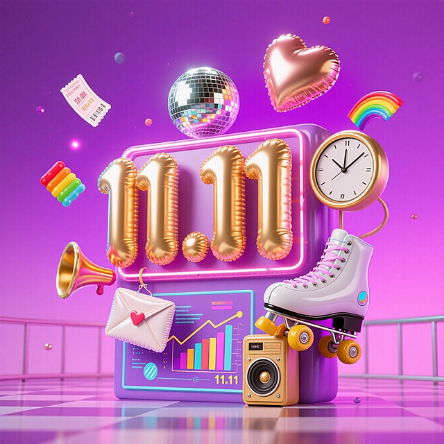 复古狂欢双 11 氛围。金色充气 “11.11” 数字。