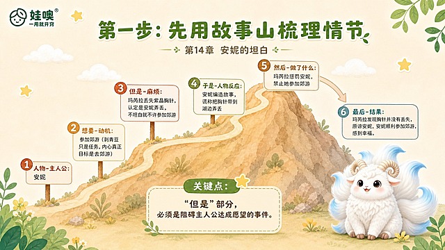 A4横版儿童教育PPT页面，清新杏色和绿色可爱风格，与第1张参考图故事山风格一致：浅杏色背景，绿色叶子装饰，白色云朵，黄色星星点缀。左上角有"娃噢 一用就开窍"品牌logo。页面大标题为"第一步：先用故事山梳理情节"，绿色粗体大字，副标题小字：第14章 安妮的坦白。中间展示一个故事山图形，沿山路有6个节点路牌，分别是：1.人物-主人公：安妮；2.想要-动机：参加郊游（剥青豆只是任务，内心真正目标是去郊游）；3.但是-麻烦：玛芮拉丢失紫晶胸针，认定是安妮弄丢，不坦白就不许参加郊游；4.于是-人物反应：安妮编造故事，谎称把胸针带到湖边弄丢；5.然后-做了什么：玛芮拉惩罚安妮，禁止她参加郊游；6.最后-结果：玛芮拉发现胸针并没有丢失，原谅安妮，安妮顺利参加郊游，感到幸福。故事山底部有一个醒目的关键点提示框：关键点："但是"部分，必须是阻碍主人公达成愿望的事件。页面右下角放置白色九尾羊有螺旋羊角尾巴尖带淡蓝色的毛绒神兽形象。整体风格清新可爱，故事山手绘风，A4横向比例，儿童教育主题，阅读分析