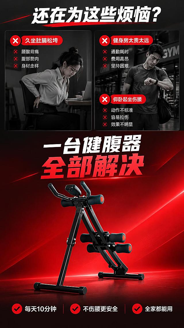 将这张黑色家用健腹器侧面图，生成淘宝/天猫详情页第2张——痛点与解决对比页。

[商品] 保留健腹器X型折叠钢架结构、泡棉滚轮、扶手、计数器；去除原图背景布夹和桌面，产品结构完整，增强金属质感。
[画面] 上下分栏，上半部分2格痛点场景（左：久坐腰酸 右：去健身房没时间），下半部分产品居中+解决文案；产品占画面40%，位于画面下方中央，侧面展示折叠结构；痛点区用暗色调表现困扰，解决区用亮红色调表现希望。
[视觉] 套系策略：风格=运动活力商业摄影风；标题字=粗黑体；正文字=简洁无衬线黑体；主色=炭黑+活力红；背景延展=上半深灰痛点区+下半黑红渐变解决区；强调色=活力红，仅用于小面积图标、引线、标签和重点高亮；标题色=白色；正文色=浅灰色；组件=红色对勾/叉号图标、痛点标签卡；光影=产品区右侧主光，痛点区偏暗压抑。
[文字] 顶部大标题"还在为这些烦恼？"，上半部分左右两格各配痛点文案和图标："久坐肚腩松垮""健身房太贵太远""仰卧起坐伤腰"；下半部分产品上方写"一台健腹器 全部解决"，下方3个解决点：每天10分钟 | 不伤腰更安全 | 全家都能用；全部横排。
[规格] 9:16竖版，2K，淘宝/天猫详情页风格；避免变形、错字、文字过小、产品结构改变、冷蓝灰背景。