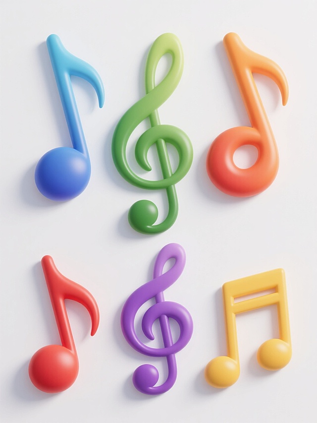 白色背景上，六个完全不同造型的3D立体音乐符号系列素材集合规整排布，每个音符保持圆润光滑的曲面、饱满的体积感和高光阴影细节，延续原有的现代简约设计风格，分别采用六种截然不同的整体渐变色彩（如蓝色系渐变、绿色系渐变、橙色系渐变、红色系渐变、紫色系渐变、黄色系渐变），每个音符造型在保持核心音乐符号识别性的基础上进行独特的形态变化（如不同的弯曲角度、圆点大小比例、线条粗细、局部弧度调整或添加简约装饰细节），整体构图平衡对称，各元素间距均匀，色彩鲜明且互不干扰，具有强烈的视觉统一性和系列感。